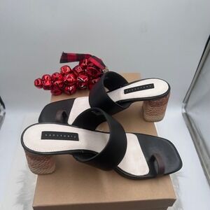 Sanctuary Boho Bold Black Leather Square Toe Block Heel Toe Ring Sandals Mules 9
